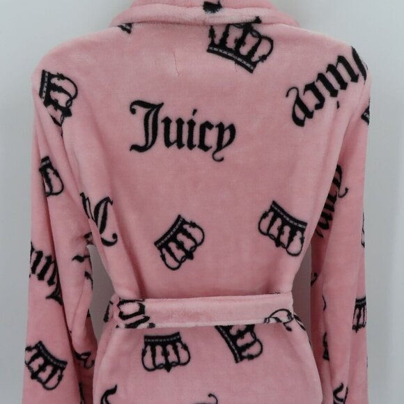 Juicy Couture L/XL Extra Large Pink Black Logo Crown Plush Bathrobe Robe NEW - Picture 5 of 11